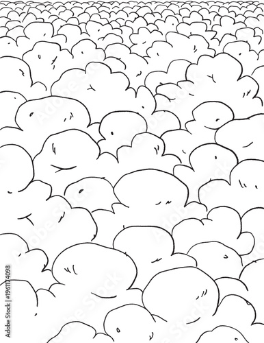 Cartoon cloudscape. Top view on fluffy clouds in sky. Coloring page