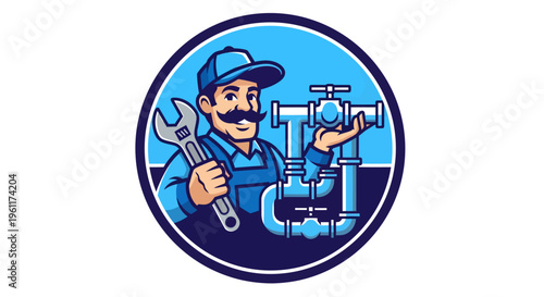 Plumber with Wrench and Pipes Logo Illustration.