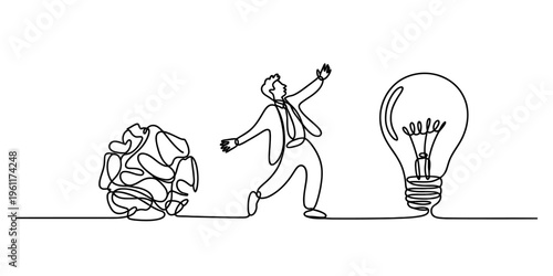 Businessman transforming a tangled mess into a bright idea in a continuous line drawing.