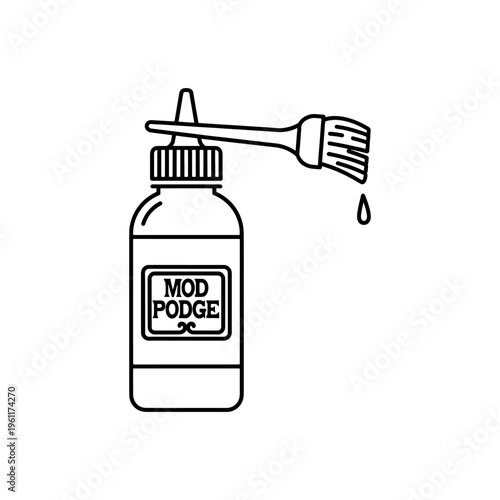 A black and white illustration of mod podge a bottle and paintbrush in outline silhouette