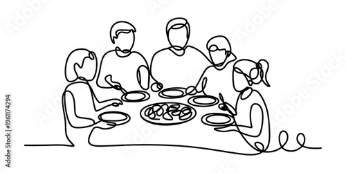 Continuous line drawing of a happy family sitting together at a dinner table for a meal.