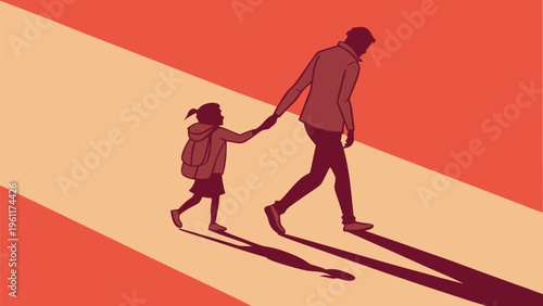 A guardian leading a child through an uncertain path in a bold, minimalist design