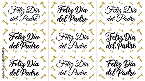 Feliz Dia del Padre Spanish Father's Day greeting cards, 9 elegant vector labels with gold hammer pattern, masculine holiday typography set