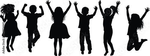 Black Silhouettes of Happy Children Jumping and Playing for Kids School Education Summer Camp Youth Activities and Joyful Childhood Celebration Designs