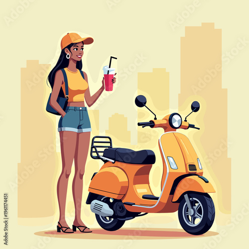 young woman in cap holding a refreshing drink and standing next to an orange motor scooter, urban summer travel and city transportation concept, flat illustration