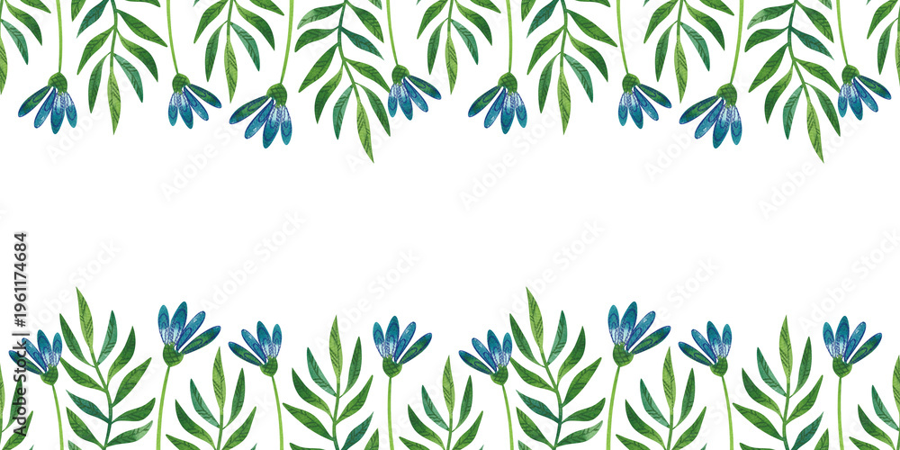Obraz premium Seamless border with watercolor illustrations of summer green plants and blue wildflowers. Hand drawn botanical design for invitations or greeting cards.