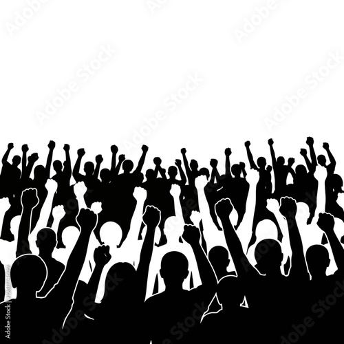 Silhouettes of people raising fists up.