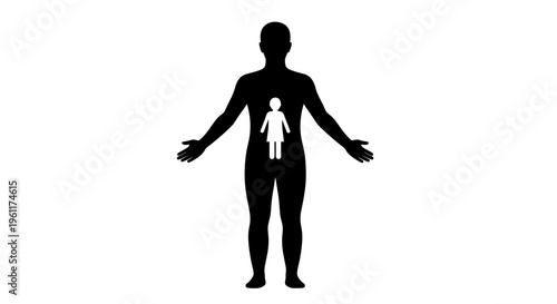 black human silhouette with a small white child silhouette inside, family protection and parenthood concept, flat vector icon isolated on white background