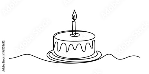 Minimalist continuous line drawing of a birthday cake with a single lit candle on a plate.