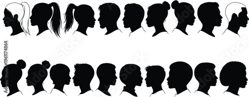 Diverse People Profile Silhouettes Set Featuring Men and Women Side View Avatars with Various Hairstyles for Social Media Marketing and Demographic Character Design