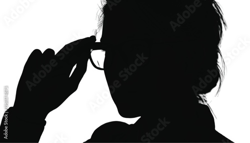 Silhouette of a person adjusting eyeglasses against a stark white background suggests focus or revelation.