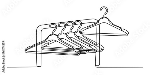 Continuous line drawing of multiple clothes hangers hanging on a metal garment rack.