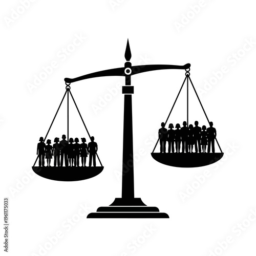 Silhouette of balanced scales with people.