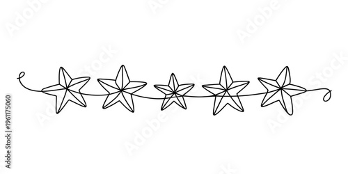 Simple black and white line drawing of five stars hanging on a string garland.
