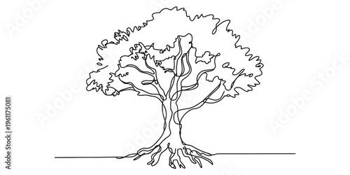 Continuous line drawing of a majestic tree with deep roots and a full canopy on white background