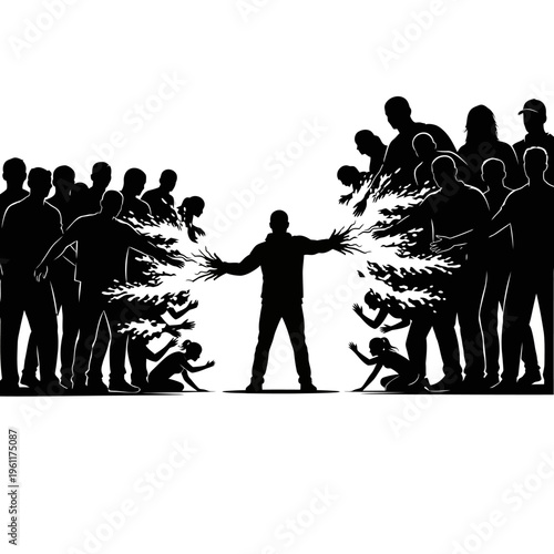 Silhouette of man separating crowds.