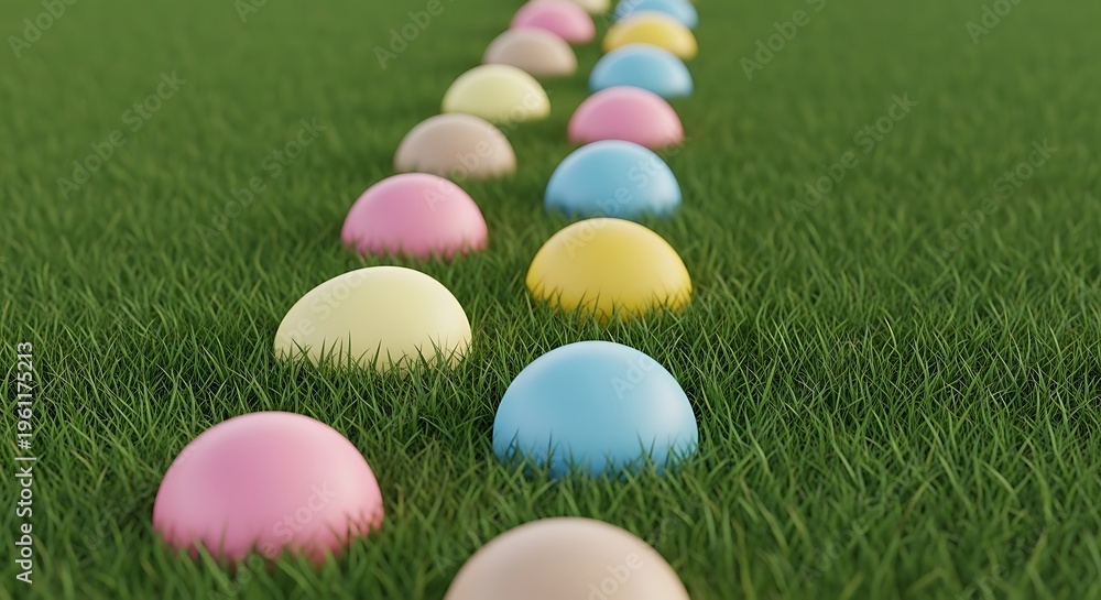 Naklejka premium Rows of Pastel Easter Eggs Hidden in Lush Green Grass Field