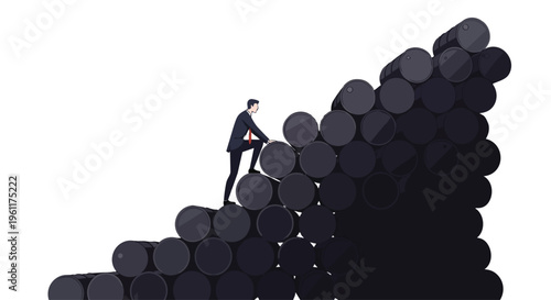 A businessman in a suit climbs a steep incline of stacked oil barrels on a flat 2D plain, symbolizing an energy crisis with a surge in oil price.