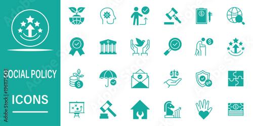 Social policy flat icon set. Collection of social services icons including healthcare, family, education, welfare, legislation, protection, and more. Vector illustration.