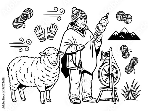 Patagonian Wool Spinner Bundle Vector Illustration