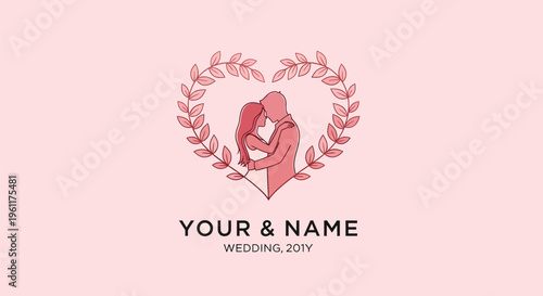 Romantic Couple Embracing Inside a Heart-Shaped Wreath.