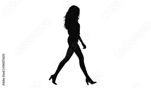 Slim woman silhouette with long flowing hair walks confidently wearing high heeled footwear on white.