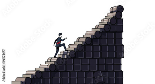 A businessman climbs a steep staircase made of stacked oil barrels on a white background, illustrating a surge in energy prices during a crisis with a sense of struggle and urgency in a flat 2D style.