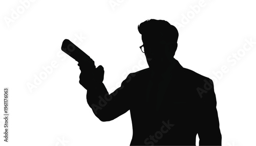 Shadowy figure wearing glasses holds a firearm in a threatening posture against a pure white background.
