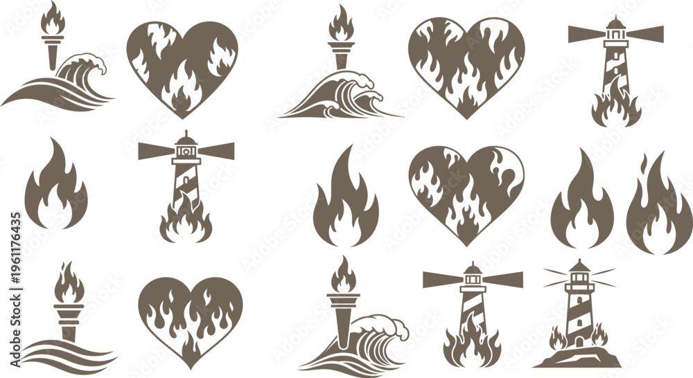 Fototapeta premium Flame icons, heart symbols, lighthouse logos, wave graphics, 16 brown vector elements