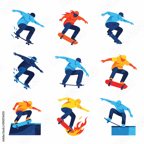 Skateboarder in various trick positions.