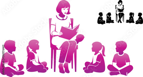 Vector illustration of woman reading to children, pink and black silhouettes, educational scene, kid's storytime