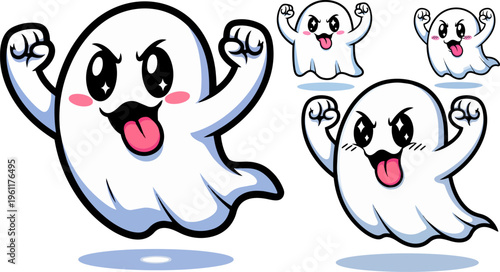 Funny ghost characters, cartoon spooky spirits, white vector ghosts, emotive kawaii illustrations