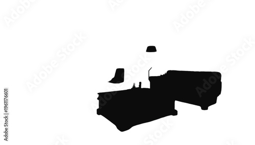 Abstract silhouette shape depicting a vehicle interior view with a driver seated at the controls.