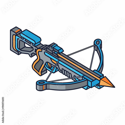 Crossbow with orange and blue accents.