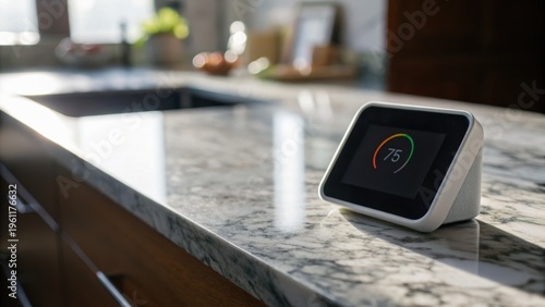 A smart thermostat displaying a temperature of 75 degrees sits on a granite kitchen countertop in a modern home setting.