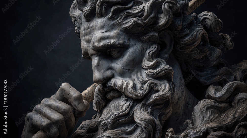 Obraz premium ancient greek god stone statue holding lightning bolt dramatic dark background