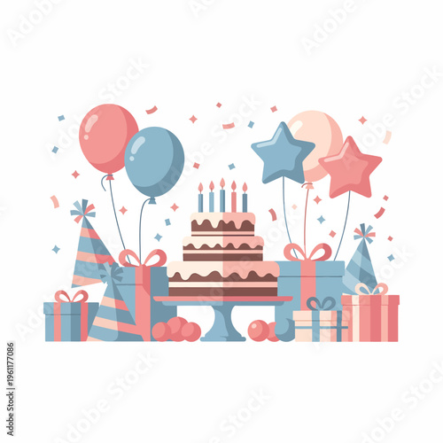 Birthday cake with colorful balloons.