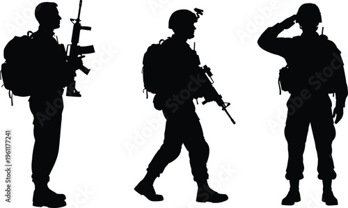 Military soldier silhouettes set including infantry man with rifle, army veteran walking with backpack, and officer saluting on white background.