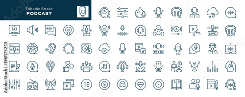 Podcast. Set of outline icons. Broadcasting, sound, microphone, speaker, radio, sound and video files. Line icon in linear style. Vector collection	