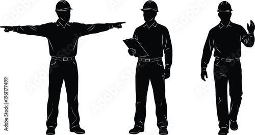 Construction engineer silhouettes set featuring male worker in hard hat pointing, supervisor holding clipboard, and site manager walking forward.