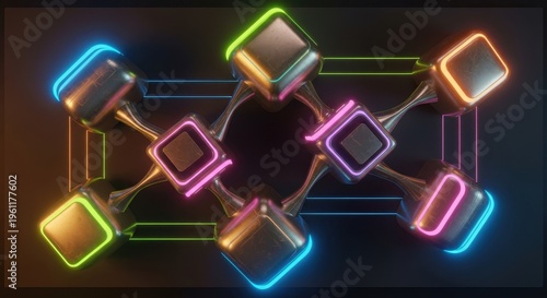 Neon lit metallic cubes connected in a web-like structure with glowing lines on a dark background wi