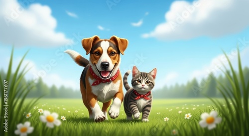 A playful dog and a curious cat running together in a green field with flowers and trees under a blu