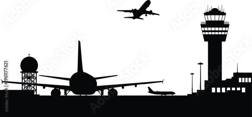 Airport silhouette set featuring airplane taking off, commercial plane on runway, control tower, and radar station building on white background.