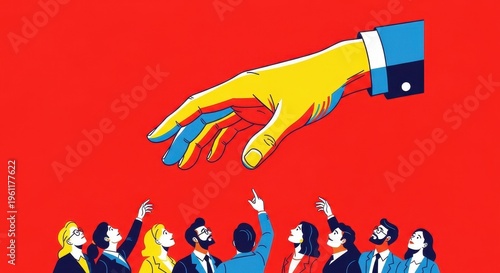 a large hand dropping rainbow money to diverse group of people business people close up copy space d
