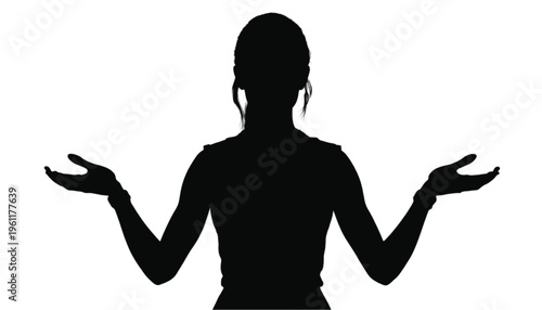 Female figure raising both hands in a gesture of questioning or uncertainty against white.