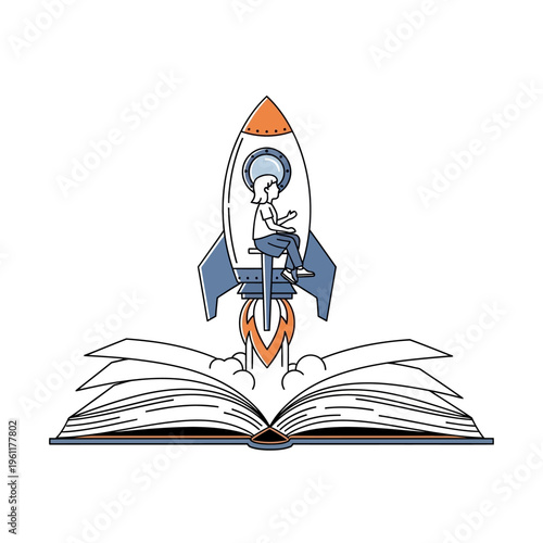 Astronaut sitting on a rocket book.