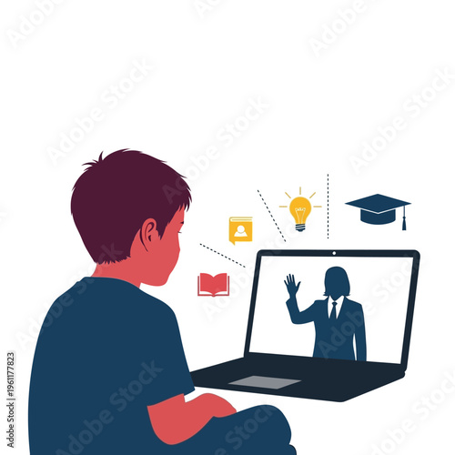 Boy learning online with laptop computer.
