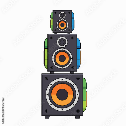 Stacked colorful speaker system components.