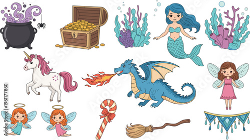 Fantasy Magical Elements Set with Mermaid, Dragon, Unicorn, Fairies, Treasure Chest, Cauldron, Candy, Coral, and Witch Broom Vector Illustration