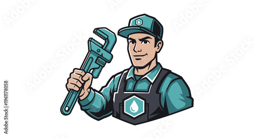Skilled Plumber Holding Adjustable Wrench Ready for Work.
